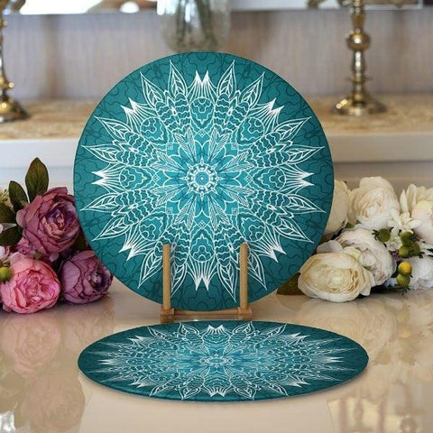 Tiled Mandala Placemat|Set of 2 Tiled Mandala Supla Table Mat|Decorative Round American Service Dining Underplate|Black and Green Coasters