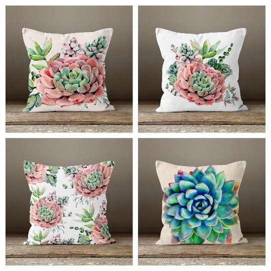 succulent throw pillow Floral Pink Green Pillow Cover with Succulent