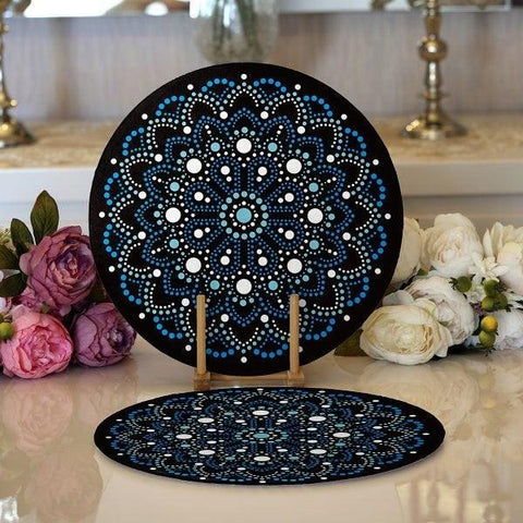 Tiled Mandala Placemat|Set of 2 Tiled Mandala Supla Table Mat|Decorative Round American Service Dining Underplate|Black and Green Coasters