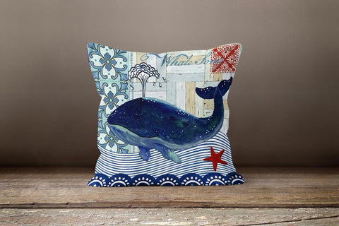 Coastal Pillow Case|Navy Marine Pillow Cover|Decorative Whale Fish Cushions|Nautical Throw Pillow|Blue Seashell Home Decor|Beach House Decor