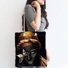 African Girl Fabric Bag|Fabric Shoulder Bag|Bohemian African Girl Beach Tote Bag|Digital Print Shopping Tote Bag for Women|Picnic Bag