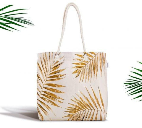 Gold Color Leaves Fabric Bag|Gold White Shoulder Bag|Cosmetic Bag On White Background|Beach Bag|Custom Wedding Gift|Gift for Her
