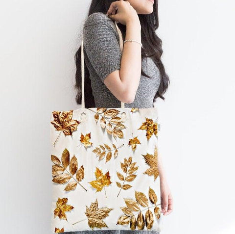 Gold Color Leaves Fabric Bag|Gold White Shoulder Bag|Cosmetic Bag On White Background|Beach Bag|Custom Wedding Gift|Gift for Her
