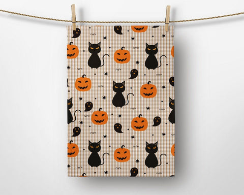Halloween Kitchen Towel|Carved Pumpkin and Black Cat Dish Towel|Watercolored Halloween Towel|Decorative Halloween Towel|Autumn Trend Towel