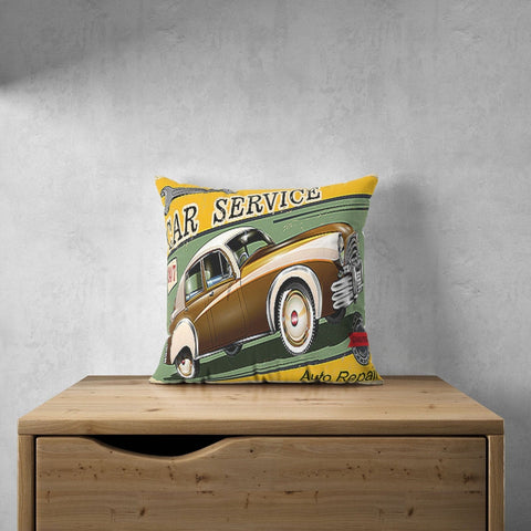 Car Service Pillow Covers|Automotive Cushion Case|Antique Car Throw Pillow|Decorative Home and Garage Furniture|Vintage Car Pillow Case