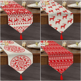 Christmas Table Runner|High Quality Triangle Chenille Table Runner|Red White Xmas Tabletop|Xmas Deer Print Table Runner|Winter Trend Runner