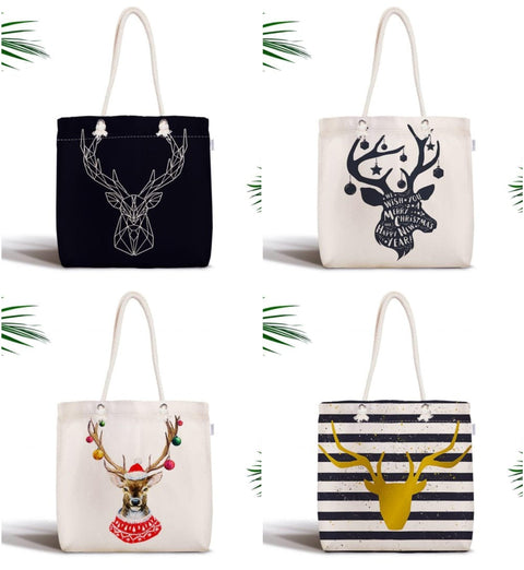 Christmas Shoulder Bag|Christmas Design Fabric Bag|Xmas Deer Tote Bag|Black White Beach Bag|Winter Trend Weekender Bag|Gift Bag for Her