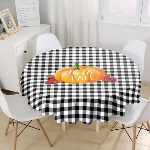 Fall Trend Tablecloth|Pumpkin Print Round Table Linen|Housewarming Autumn Kitchen Decor|Checkered Tablecloth|Circle Hello Fall Tablecloth