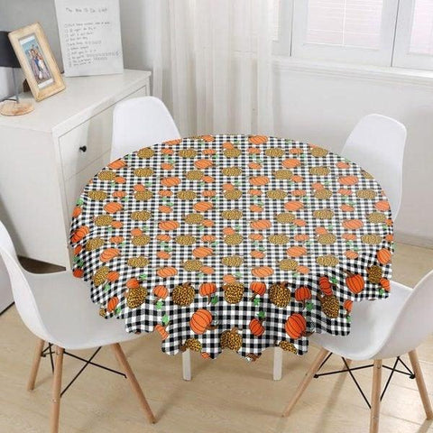 Fall Trend Tablecloth|Checkered Pumpkin Print Round Table Linen|Housewarming Autumn Kitchen Decor|Dry Leaves Tablecloth|Circle Tablecloth