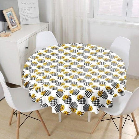 Fall Trend Tablecloth|Checkered Pumpkin Print Round Table Linen|Housewarming Autumn Kitchen Decor|Dry Leaves Tablecloth|Circle Tablecloth