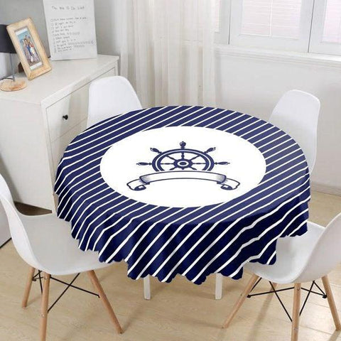 Nautical Tablecloth|Navy Wheel Print Round Table Linen|Coastal Kitchen Decor|Navy Compass Tablecloth|Circle Striped Beach House Table Cover