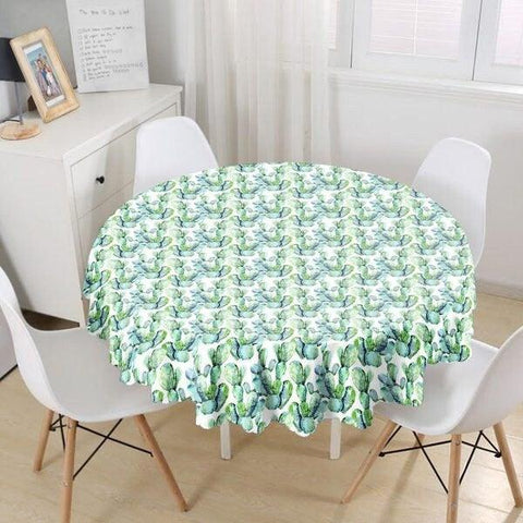 Cactus Tablecloth|Round Green Succulent Table Linen|Farmhouse Kitchen Decor|Decorative Green Cactus Table Top|Circle Green White Tablecloth