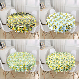 Lemon Tablecloth|Round Floral Lemon Table Linen|Striped Kitchen Decor|Fresh Citrus Table Top|Circle Yellow Lemon with Green Leaves Table Top
