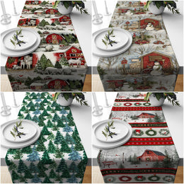 Winter Trend Table Runners|Snow, Houses and Trees Table Decor|Snowman Table Runner|Christmas Home Decor|Pine Tree and Sheep Print Tablecloth