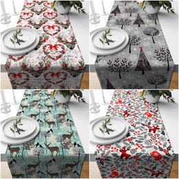 Christmas Table Runner|Winter Trend Table Top|Xmas Deer and Tree Table Decor|Red Berries Table Linen|Christmas Home Decor|Floral Deer Decor