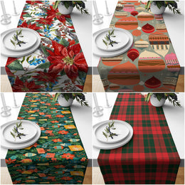 Christmas Table Runner|Winter Trend Table Top|Red Poinsettia Flower Table Decor|Checkered Design Table Runner|Christmas Ornaments Table Top