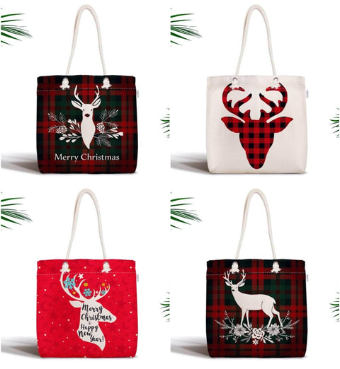 Christmas Shoulder Bag|Christmas Design Fabric Bag|Xmas Deer Tote Bag|Checkered Xmas Bag|Winter Trend Weekender Bag|Gift Large Bag for Her