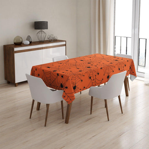 Halloween Tablecloth|Haunted House, Spider Web and Bat Print Tabletop|Housewarming Fall Trend Tabletop|Orange Purple Yellow Halloween Table