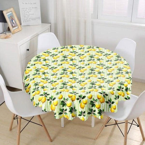 Lemon Tablecloth|Round Floral Lemon Table Linen|Striped Kitchen Decor|Fresh Citrus Table Top|Circle Yellow Lemon with Green Leaves Table Top