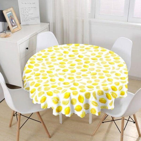 Lemon Tablecloth|Round Lemon Slice Table Linen|Farmhouse Kitchen Decor|Fresh Citrus Table Top|Circle Yellow Lemon and Green Leaves Table Top