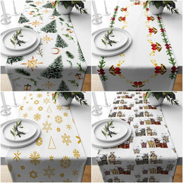 Winter Trend Table Runners|Snow, Houses and Pine Trees Table Decor|Xmas Bell Table Runner|Gold and White Color Decorative Christmas Table
