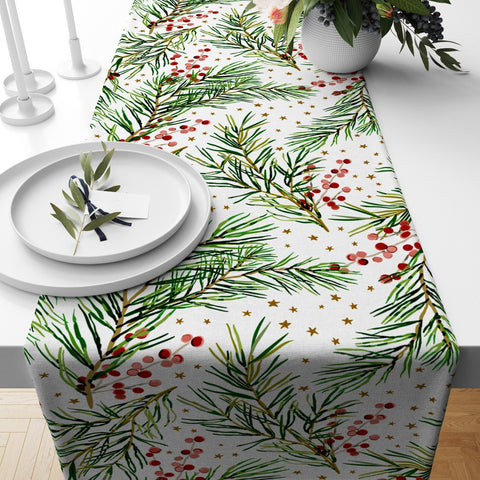 Christmas Table Runners|Winter Trend Table Runner|Green Leaves and Red Berries Home Decor|Green Coniferous on Black Background Tablecloth