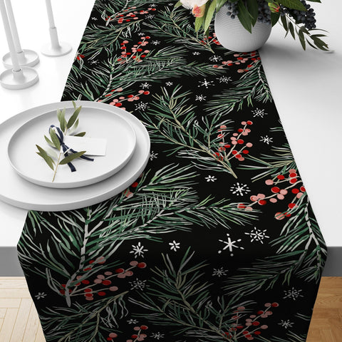 Christmas Table Runners|Winter Trend Table Runner|Green Leaves and Red Berries Home Decor|Green Coniferous on Black Background Tablecloth