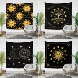 Sun and Moon Wall Tapestry|Life Tree and Phases of Moon Wall Hanging Art Decor|Sun and Moon with Face Fabric Wall Art|Black Gold Tapestry