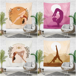 Meditation and Yoga Wall Tapestry|Woman and Moon Wall Hanging Art Decor|International Yoga Day Print Fabric Wall Art|Boho Style Tapestry
