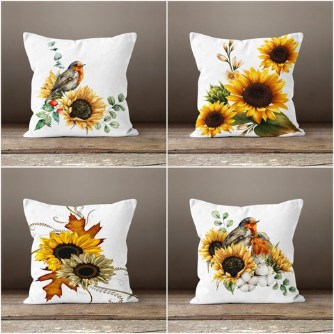 Sunflower Pillow Case|Floral Yellow and White Pillow Cover|Bird and Sunflower Cushion Case|Decorative Throw Pillow Sham|Summer Trend Decor