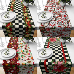Winter Trend Table Runners|Snowman Animals Santa Cute Deer Table Runner|Floral Plaid Christmas Home Decor|Poinsettia Flower Print Tablecloth