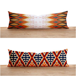 Long Lumbar Pillow Case|IKAT Design Bolster Pillow Cover|Southwestern Farmhouse Oversized Lumbar Pillow|Geometric Ethnic Print Long Decor