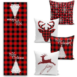 Set of 4 Christmas Pillow Covers and 1 Table Runner|Winter Trend Buffalo Check Merry Christmas Home Decor|Red Plaid Xmas Runner and Cushion