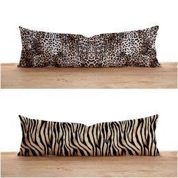 Long Lumbar Pillow Case|Decorative Bolster Pillow Cover|Zebra and Leopard Skin Print Oversized Lumbar Pillow|Geometric Long Bedding Decor