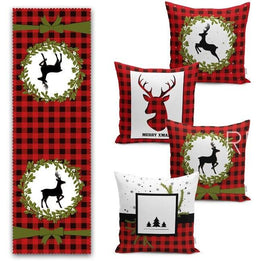 Set of 4 Christmas Pillow Covers and 1 Table Runner|Winter Trend Buffalo Check Merry Xmas Home Decor|Red Plaid Xmas Runner and Cushion Cover