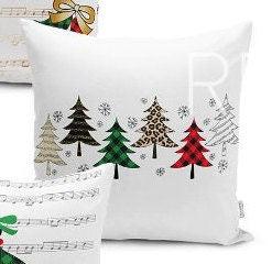Set of 4 Christmas Pillow Covers and 1 Table Runner|Red Green Checkered Xmas Bell and Leaves Home Decor|Xmas Tree Pillow Case and Table Top