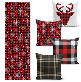 Set of 4 Christmas Pillow Covers and 1 Table Runner|Winter Trend Buffalo Check and Snowflake Christmas Decor|Plaid Xmas Cushion and Buckhorn