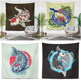 Koi Fish Wall Tapestry|Animal Print Wall Hanging Art Decor|Housewarming Square Fabric Wall Art|Decorative Fish Print Tapestry|Japan Koi Fish