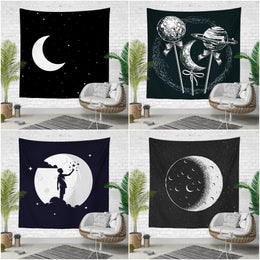 Moon and Stars Wall Tapestry|Black White Moon Wall Hanging Art Decor|Moon Balls Fabric Wall Art|Moon Clouds and Boy at Night Wall Tapestry