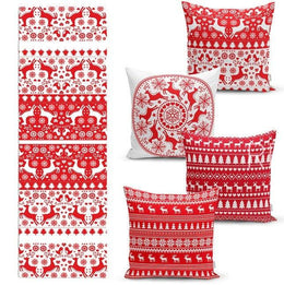 Set of 4 Christmas Pillow Covers and 1 Table Runner|Red White Xmas Deer and Xmas Tree Home Decor|Winter Trend Tablecloth and Cushion Cover