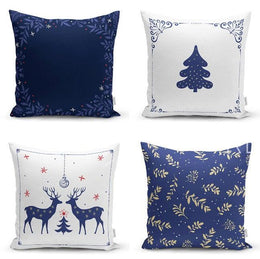 Set of 4 Christmas Pillow Covers|Blue White Xmas Deer Decor|Winter Trend Cushion Case|Housewarming Xmas Throw Pillow|Christmas Tree Pillow