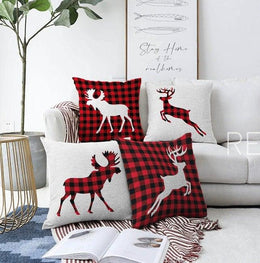 Set of 4 Christmas Pillow Covers|Buffalo Check Christmas Deer Home Decor|Winter Trend Chenille Pillow Top|Housewarming Xmas Throw Pillow