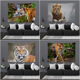 Lion and Tiger Wall Tapestry|Animal Print Wall Hanging Art Decor|Housewarming Rectangle Fabric Wall Art|Decorative Tiger in Nature Tapestry