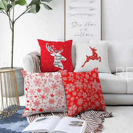 Set of 4 Christmas Pillow Covers|Merry Xmas Happy New Year Home Decor|Red White Xmas Pillow Top|Winter Trend Pillow Cover|Snowflake Cushion