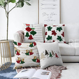 Set of 4 Christmas Pillow Covers|Red Green Checkered Xmas Bell and Xmas Tree|Winter Trend Checkered Leaves Cushion Case|Xmas Throw Pillow