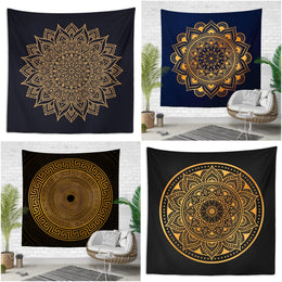 Mandala Wall Tapestry|Decorative Black Gold Wall Hanging Art Decor|Authentic Ornament Circle Fabric Wall Art|Boho Style Geometric Tapestry