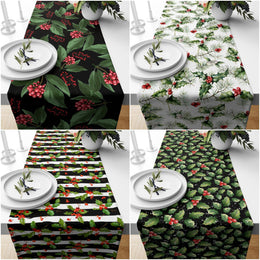 Christmas Table Runners|Winter Trend Table Runner|Green Leaves and Red Berries Home Decor|Striped Floral Berries on Black Background Decor