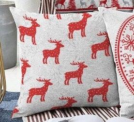 Set of 4 Christmas Pillow Covers|Red Xmas Deer and Snowflake Print Pillow Cover|Red White Xmas Pillow Top|Winter Trend Gray Pine Tree Pillow