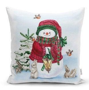 Set of 4 Christmas Pillow Covers|Snowman and Rabbits Pillow|Winter Trend Cushion Case|Xmas Bell and Bird Throw Pillow|Christmas Tree Cushion