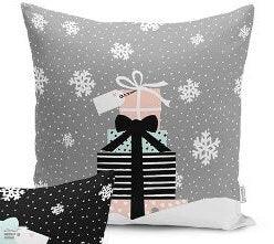 Set of 4 Christmas Pillow Covers and 1 Table Runner|Snowflake, Xmas Gift Box Print Home Decor|Black Gray Tablecloth and Cushion Cover Set